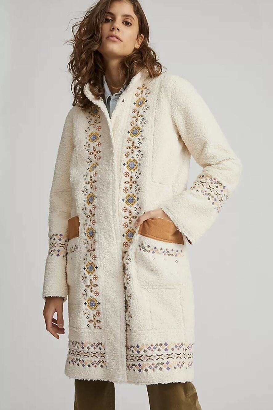 ANTHROPOLOGIE x MAEVE Embroidered Sherpa Coat Ivory Sz 12 NWT $368